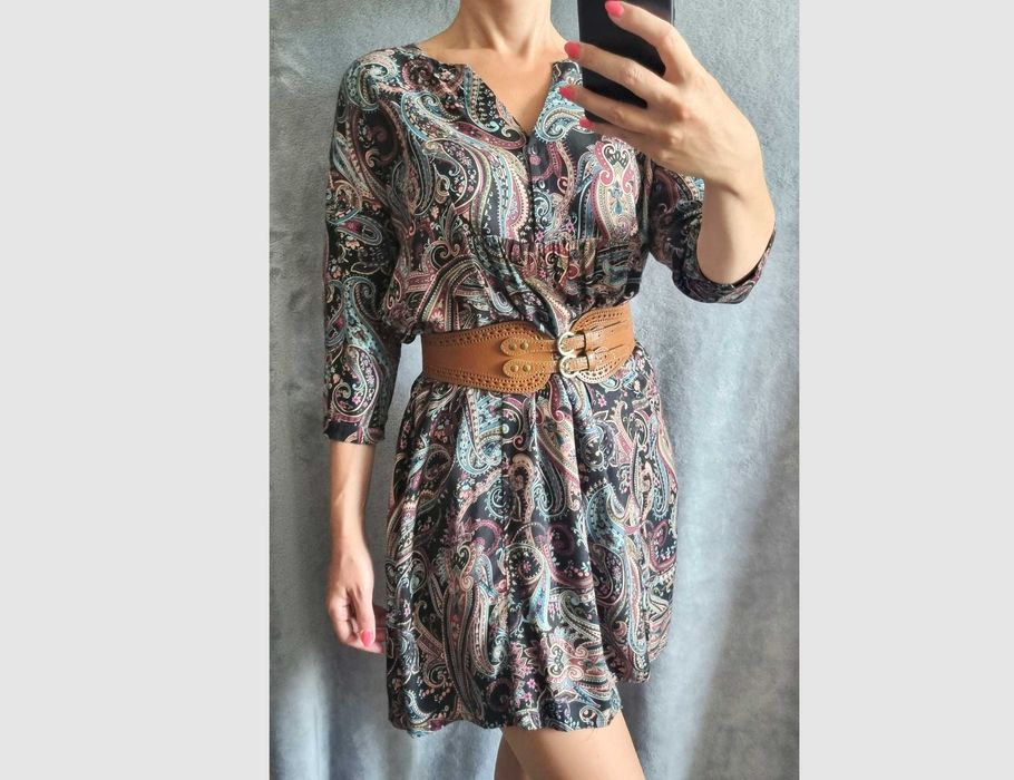 Sukienka rozszerzana oversize, rękaw 3/4, wielokolorowa, Medicine, XS