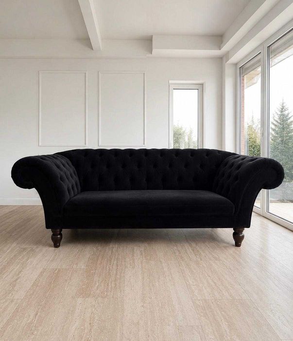 Elegancka kanapa Chesterfield 3-osobowa + fotel  ,czarny welur, styl glamour