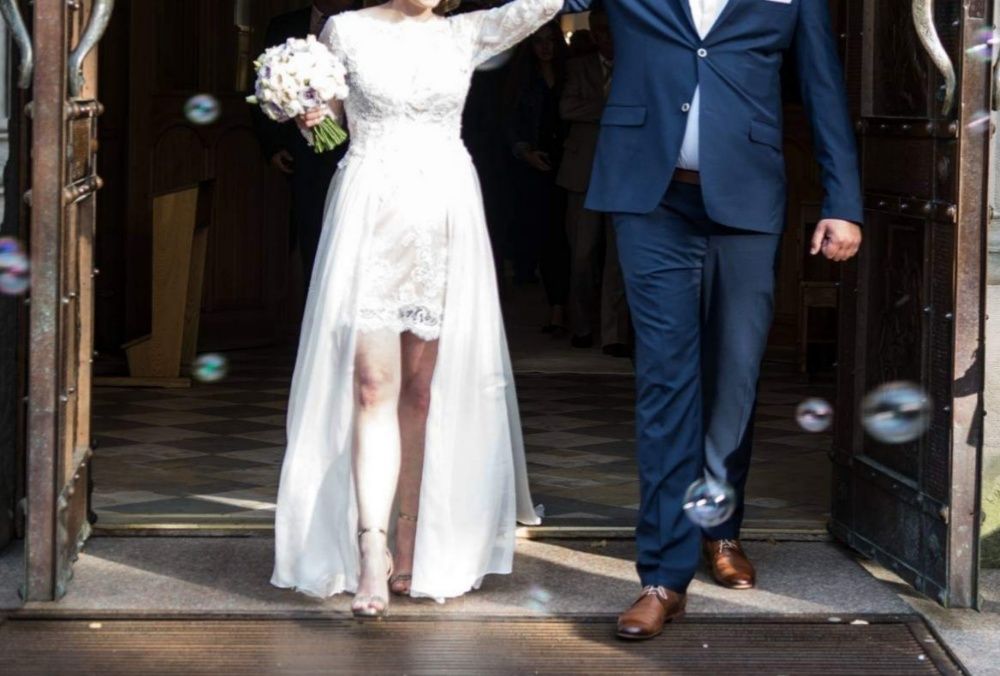 Suknia ślubna, Sylwia Kopczyńska, jedwab, koronka, r. 34/36