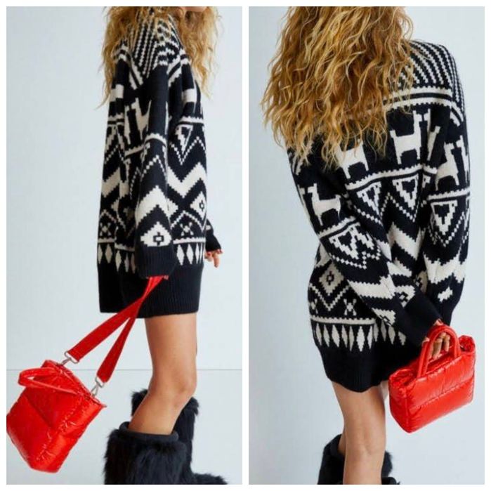 H&M L czarno-biały pudełkowy sweter z wełną oversize skandynawski wzór
