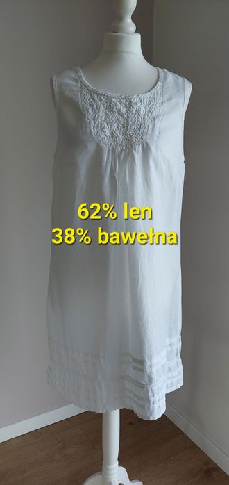 F&F r.42 biała prosta sukienka na lato, LEN+bawełna