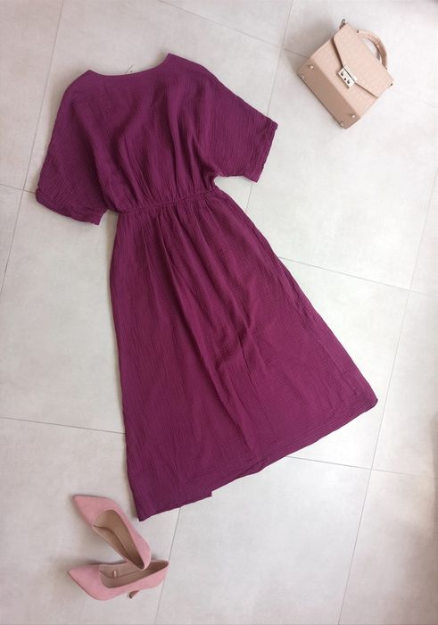 Sukienka muślinowa bawełna śliwkowa uni kopertowa midi