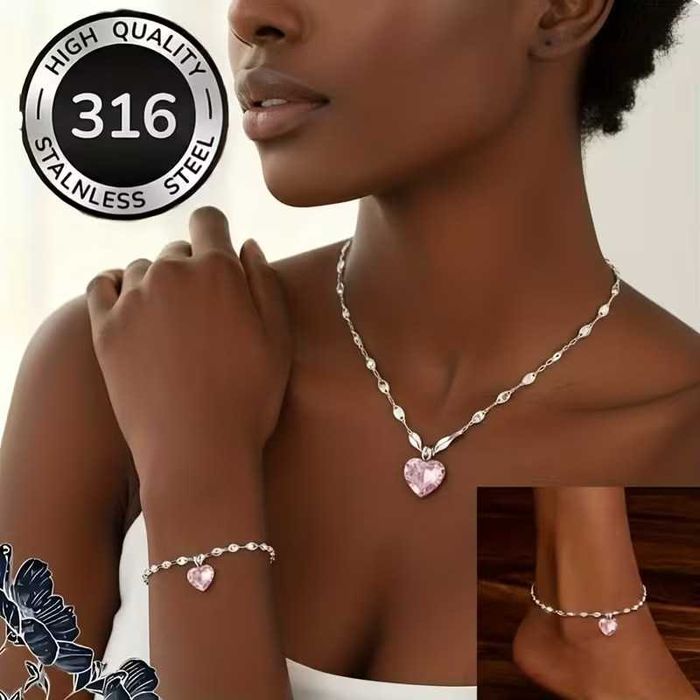 Conjunto Colar e pulseiras "Coração rosa". Hipoalergénico. Novo.