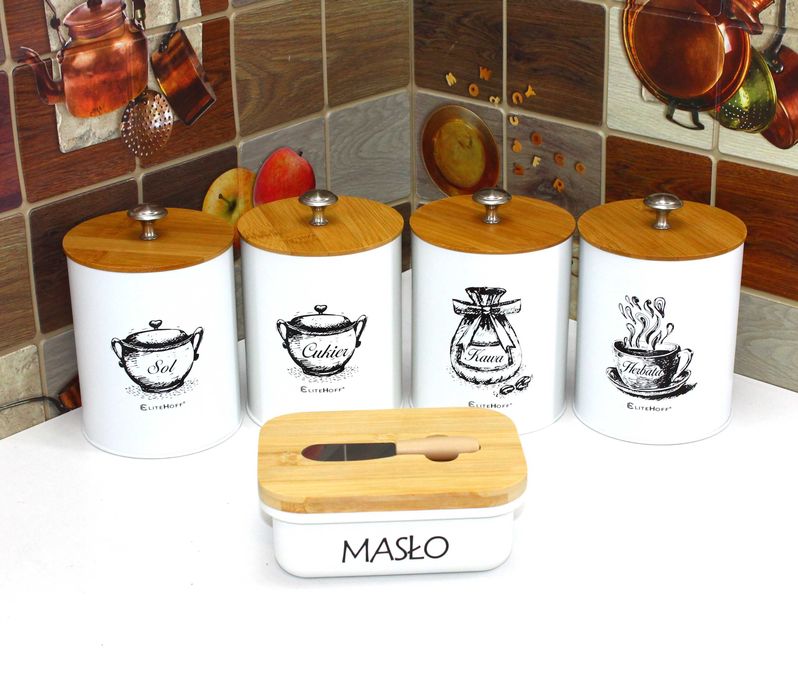 Białe pojemniki Kawa Herbata Cukier Sól z Maselniczką E6056