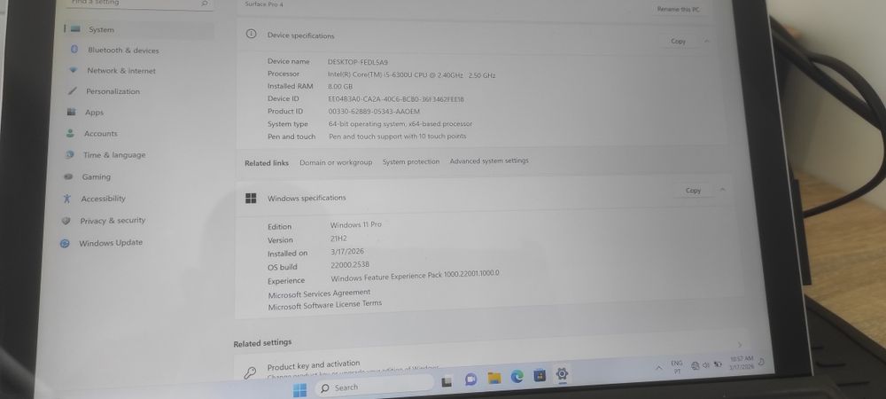 Surface pro 4 i5 8gb 256GB