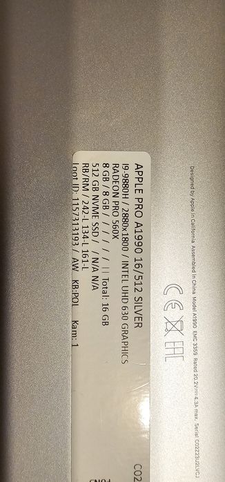 Apple MacBook pro a1990 i9 16 512