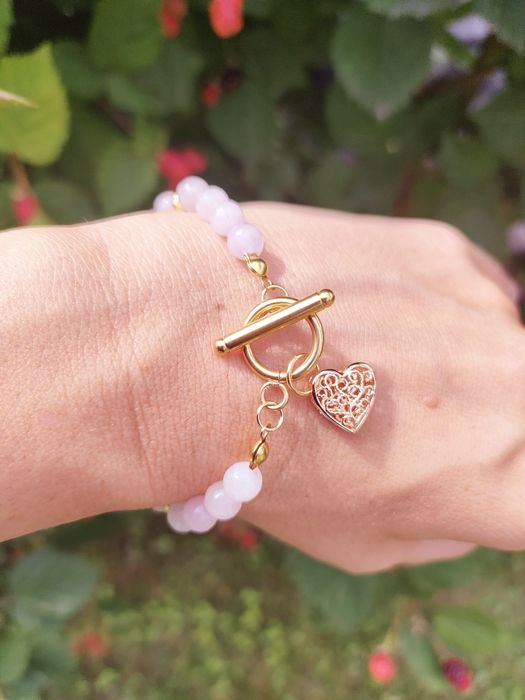 Bransoletka kwarc różowy zapięcie toggle serduszko