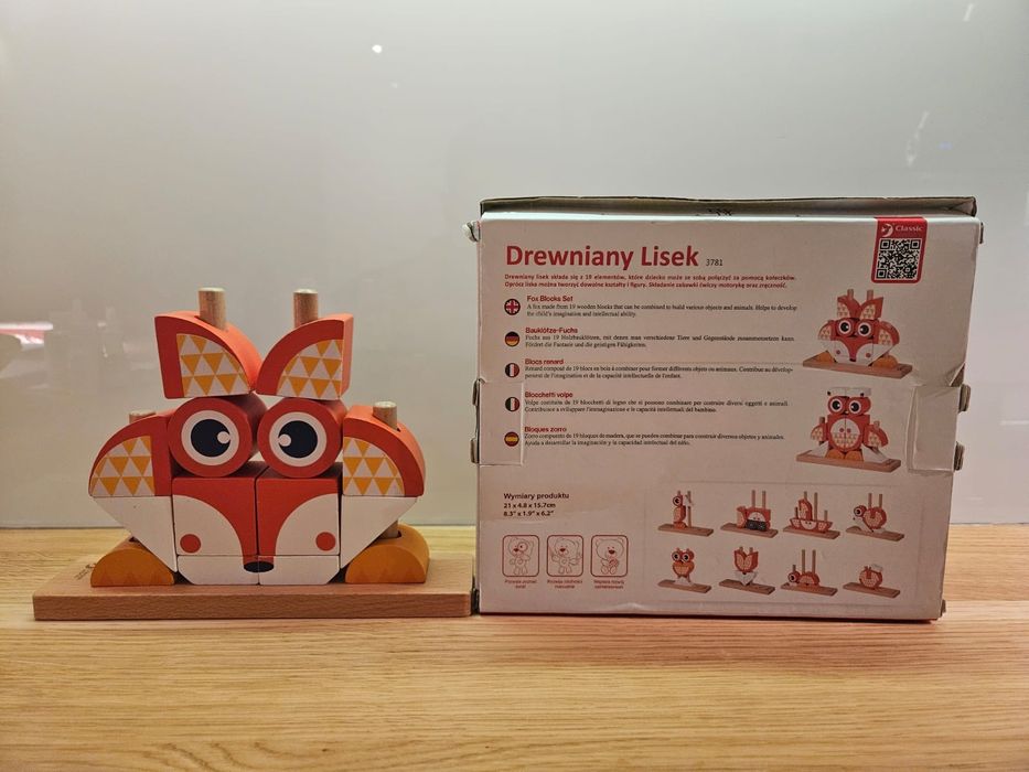 Drewniane klocki kreatywne Lis przestronne puzzle 3D montessori