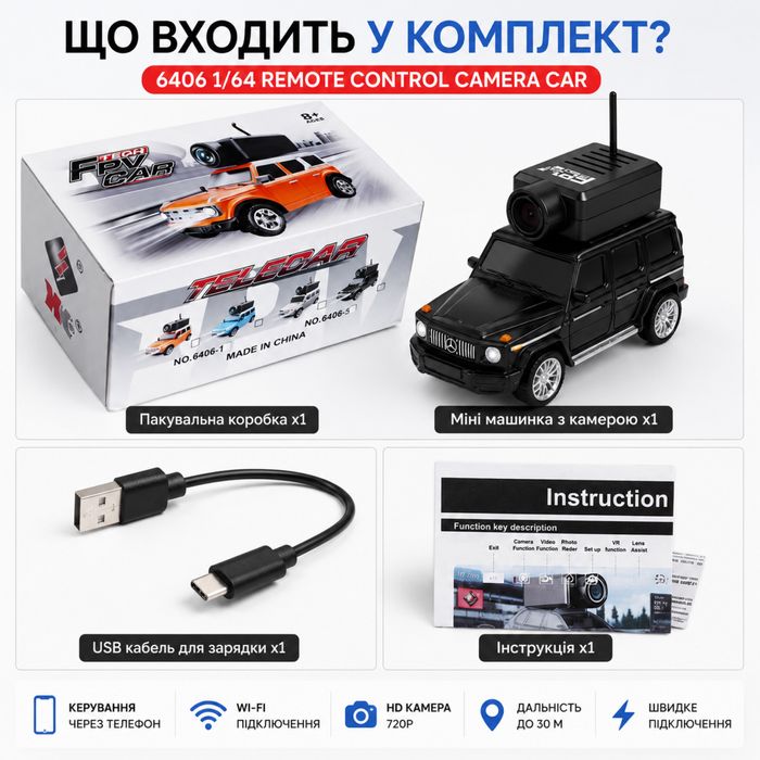 FPV машинка на радіокеруванні з Wi-Fi камерою | Керування зі смартфона | HD 720P
