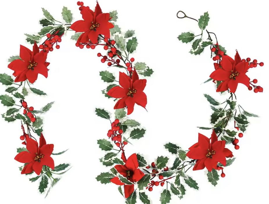 Новорічний декор різдвяна квітка гілка пуансетія молочай гірлянда
