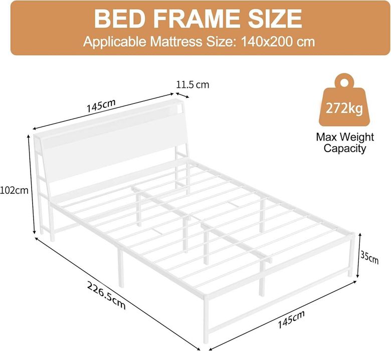 Nowe łóżko / stelaż / rama metalowa / 140x200cm / LED / USB !R258!