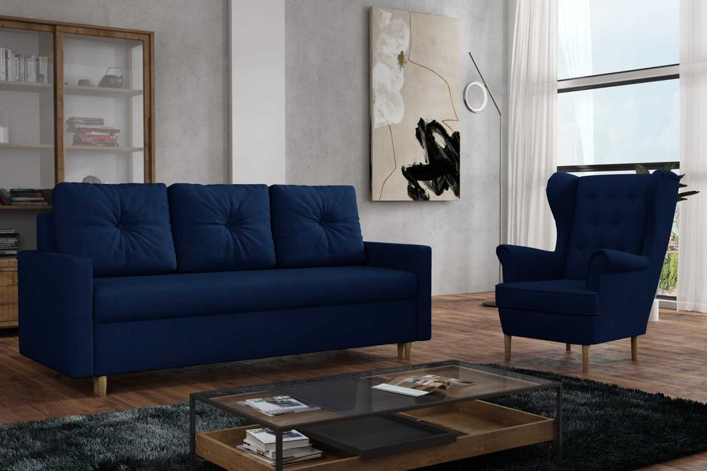 Zestaw komplet wypoczynkowy kanapa Skandynawska i fotel Uszak. Sofa
