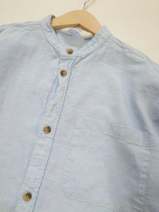 Jasnoniebieska lniana koszula chłopięca ze stójką len bawełna H&M 152