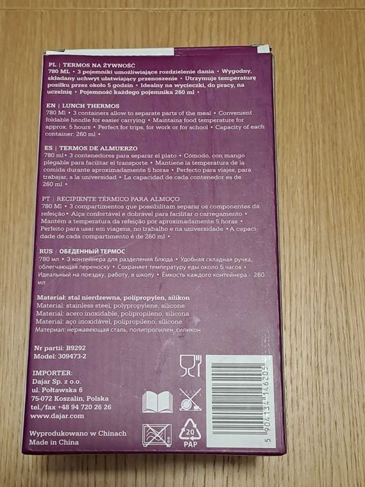 Termos obiadowy SMUKEE, 3 pojemniki, utrzymuje temp ~5h, 780ml