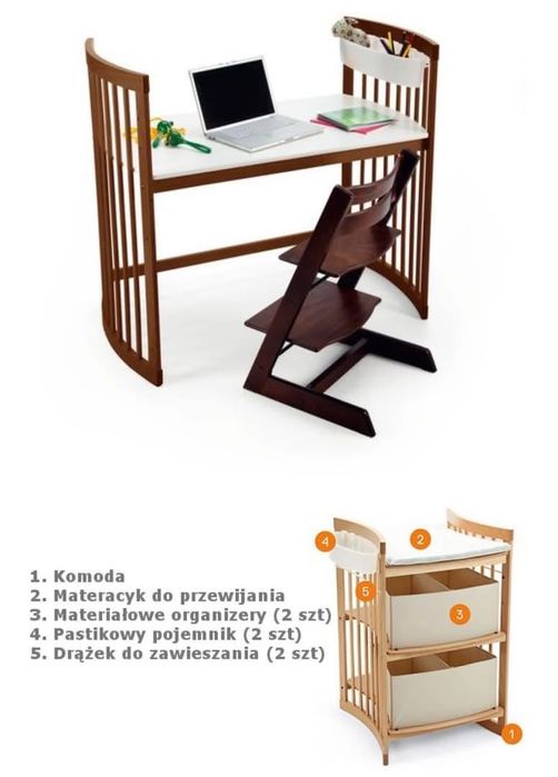 Przewijak Stokke z pojemnymi organizerami. Białe drewno.