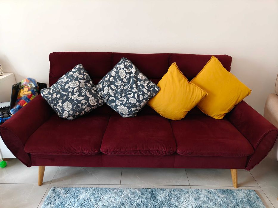 Sofa 3-osobowa, welur, kolor winny – 500 zł