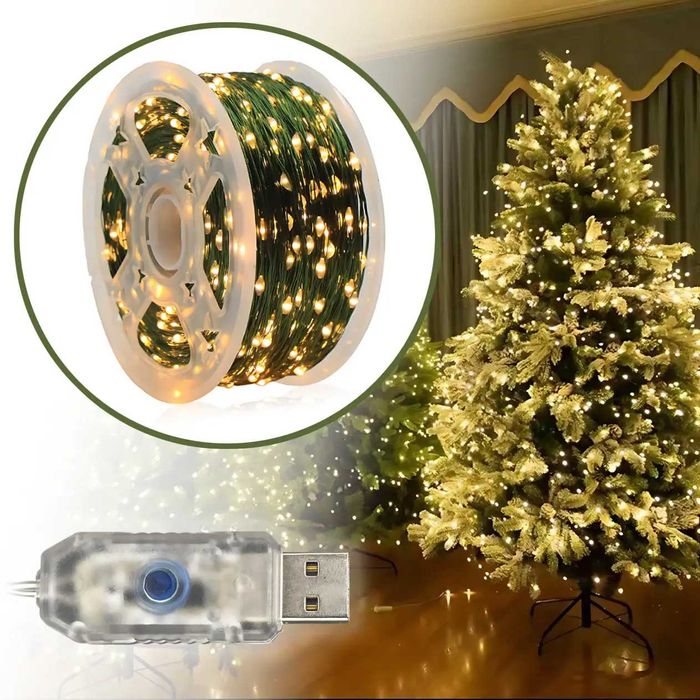 Гирлянда Роса ЗЕЛЁНАЯ USB 20 м, 200 LED, на гибкой зелёной проволоке