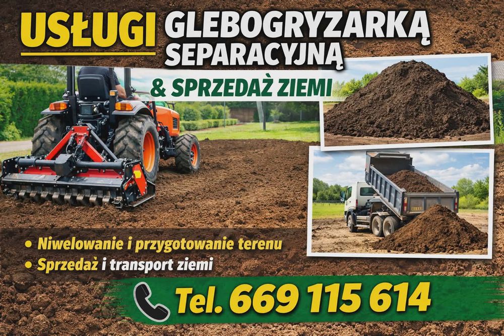 Usługi glebogryzarka separacyjną z mini traktorem oraz niwelator terenu który wyrówna działkę