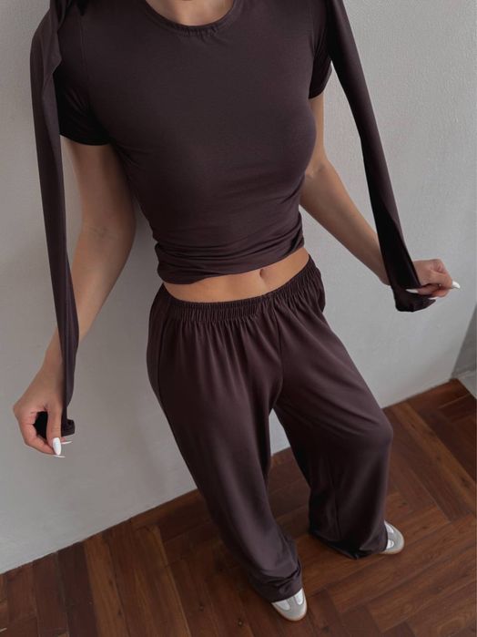 Костюм трійка, лонгслів , штани палаццо, футболка, базовий костюм