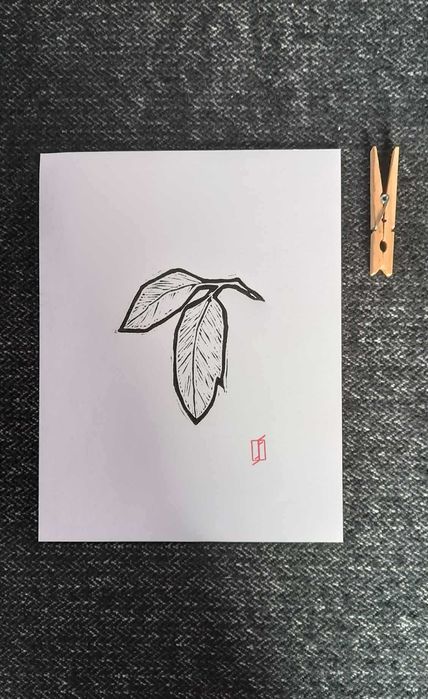 Linoryt, grafika warsztatowa – Liść czereśni