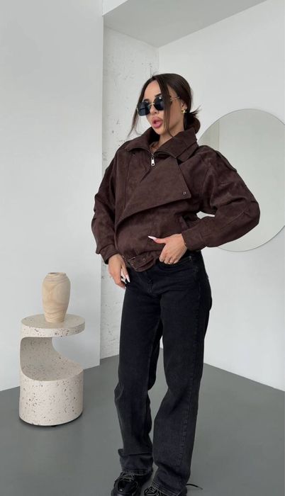 Жіноча замшева куртка демісезонна чорна/шоколад весна-осінь S–L