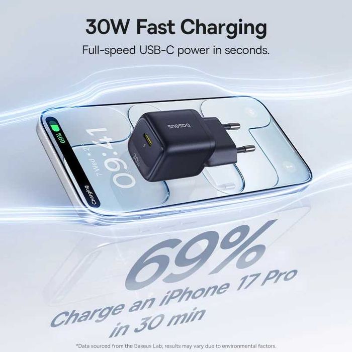 Швидка зарядка для Айфону Baseus 30W GaN iPhone 17 16 15 14 13 12 Max. Швидка зарядка для телефону