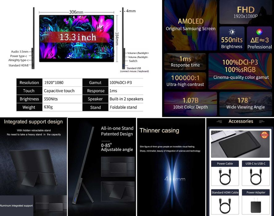 ‼️ Сенсорний монітор OLED 13,3" (Samsung AMOLED, 550nit, 10 bit, HDR)