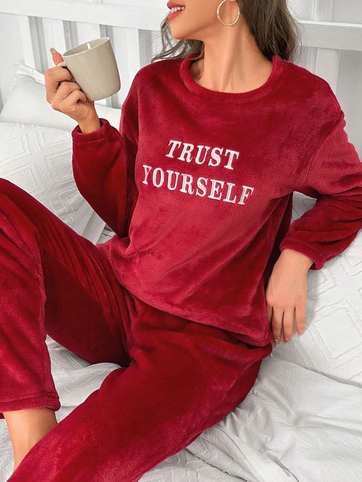 Bluza Pullover Pluszowa Z Haftem Napisy Burgundowa Casual Shein M