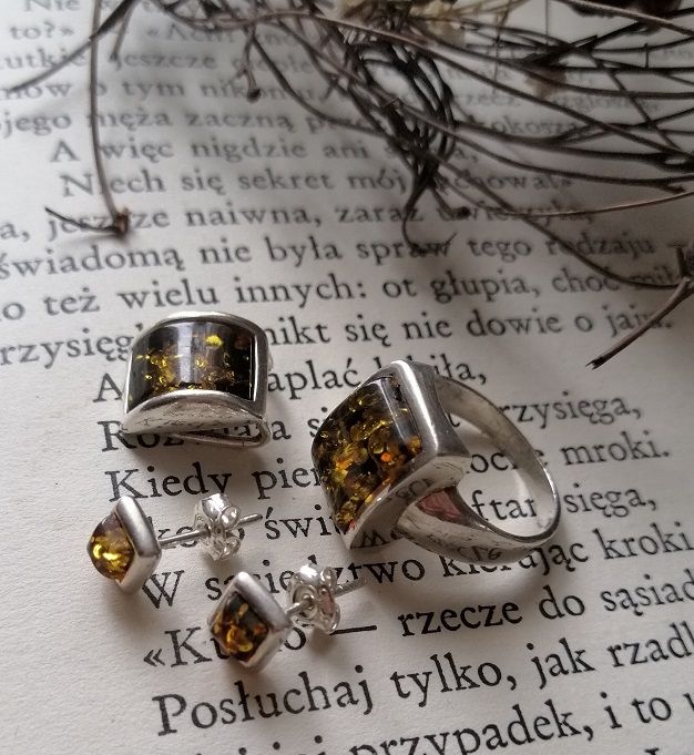 Kpl srebrny bursztyn zielony kolczyki wisiorek pierścionek 13 srebro