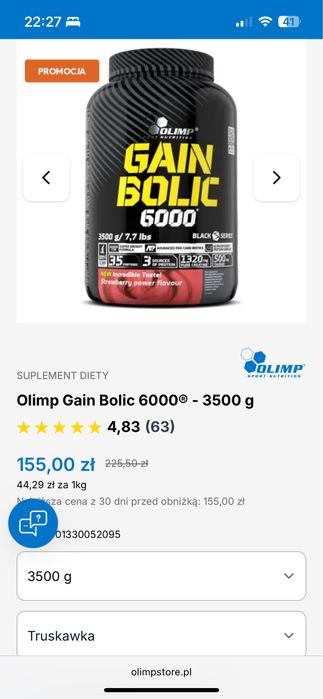 Olimp Gain Bolic 6000 – 3500 g (truskawka) Gainer