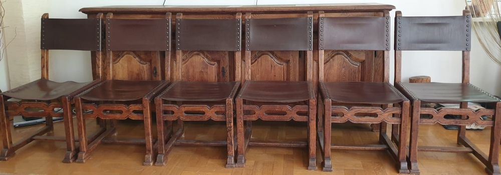 Krzesła dębowe Ludwik Styl Olden Days / lite drewno i naturalna skóra / komplet 6 szt.