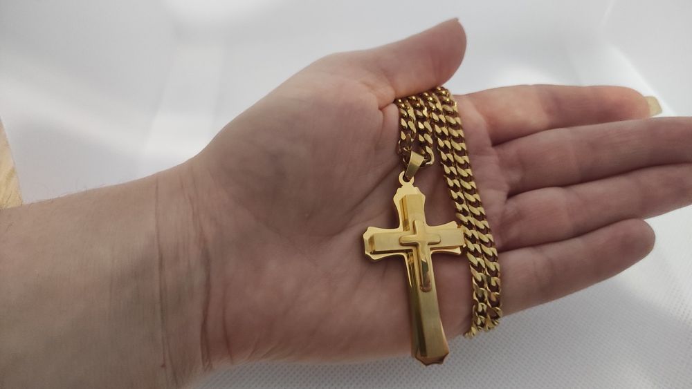Nowy złoty łańcuszek z krzyżem Pancerka 5mm Stal chirurgiczna 316L