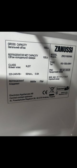 ZANUSSI ZRG11600WA lodowka