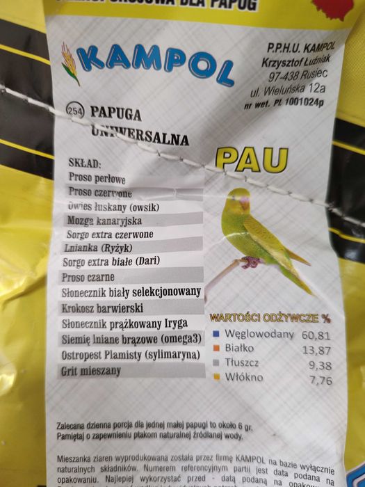Karma dla papug uniwersalna papuga mała 10kg Kampol