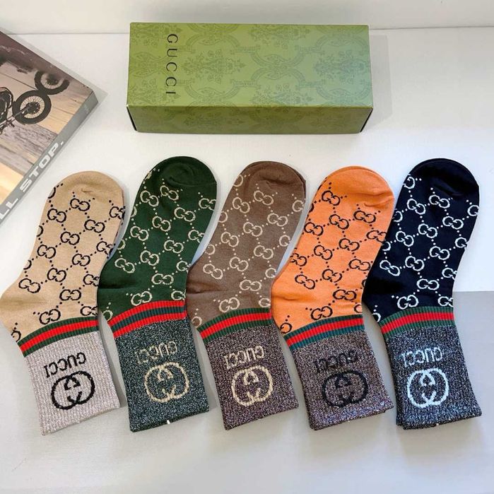 (5 pares) Meias compridas estilo novo Gucci tecido de algodão puro