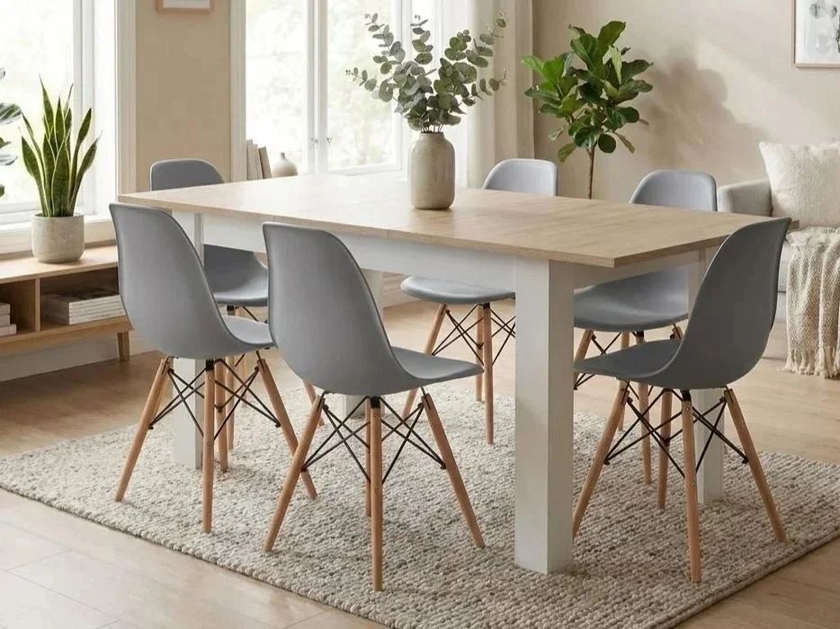 NOWY Stół Rozkładany 120/160x80 cm z Krzesłami Duży Do Domu Kuchni Jadalni Salonu Biały Dąb Sonoma Stół i Krzesła Kuchenny Zestaw Komplet Mebli OKAZJA