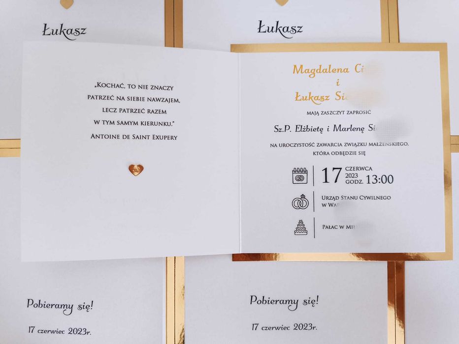 Zaproszenia ślubne złote serduszko Glamour klasyczne
