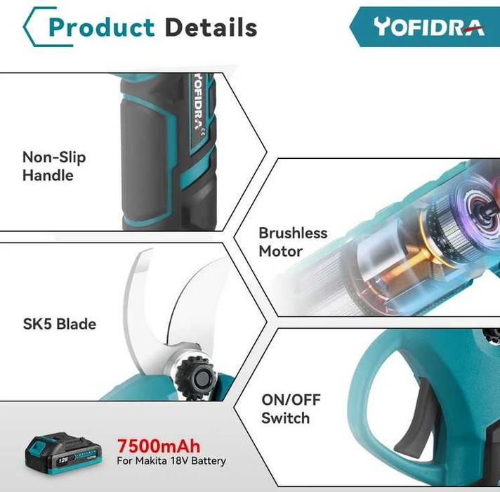 Tesoura Poda Elétrica YOFIDRA Baterias + Mala Transporte +  Acessórios