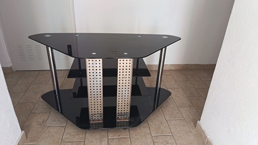 Móvel TV Suporte Multimédia em Vidro Preto e Metal