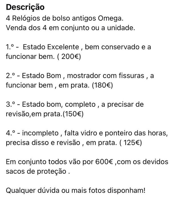 Omega 4 relógios de bolso antigos , ver descrição , total ou a unidade