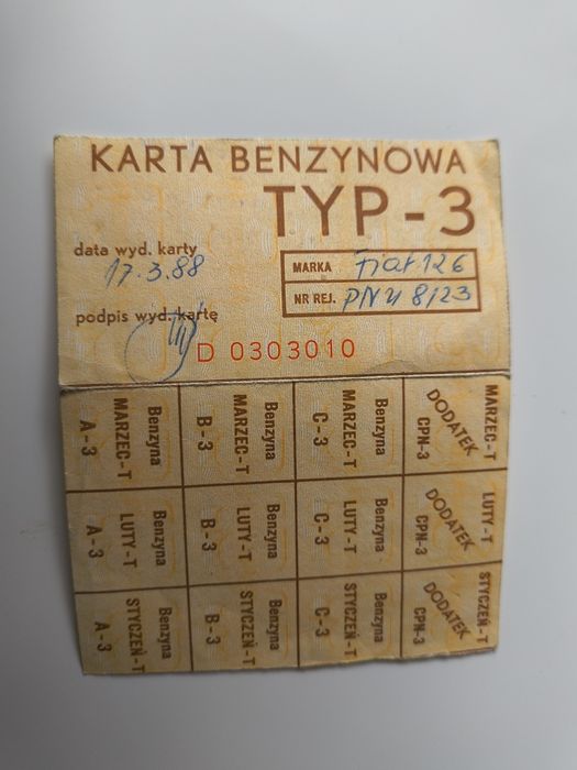 Kartki benzynowe itp. z PRL z pieczatka