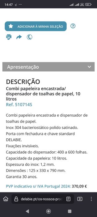 Dispensador de Papel e lixeira em Inox de encastrar