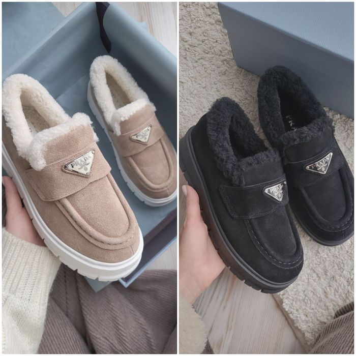 р36-41 Лофери Prada Suede Loafers Shearling Beige Black