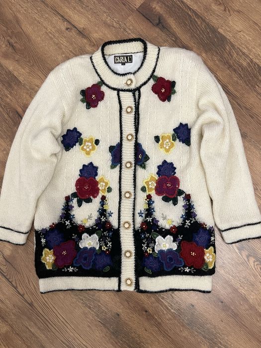 CARLA L wełniany haftowany sweter kardigan damski L/XL