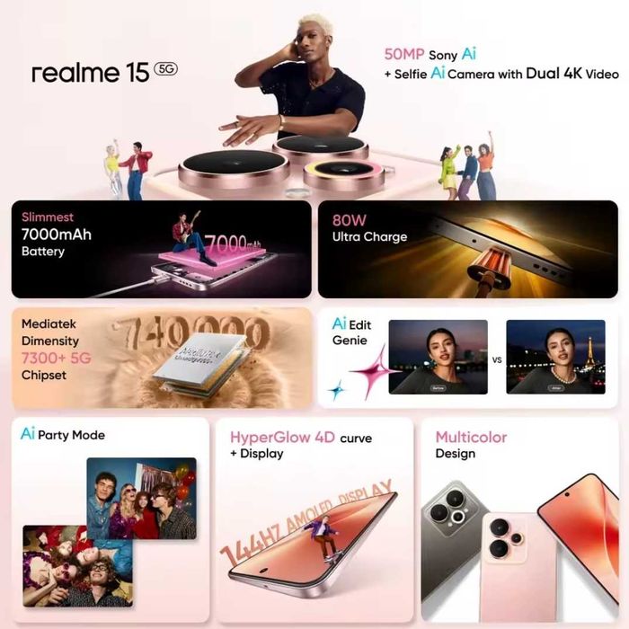 Realme 15 5G Titanium, 8/256 Gb, Amoled 144Hz , NFC, 7000 mAh, Global Version