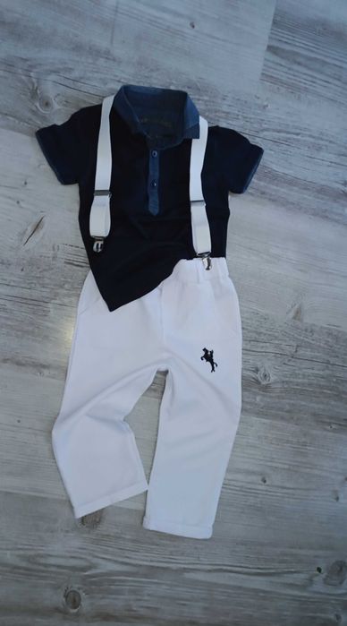 Next elegancki zestaw dla chłopca polo spodnie szelki 86 92