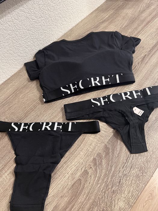 Набір Victoria’s Secret кроп топ трусики чорний та леопардовий