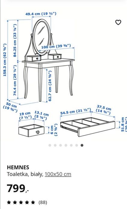 Toaletka z lustrem Hemnes krysztalki