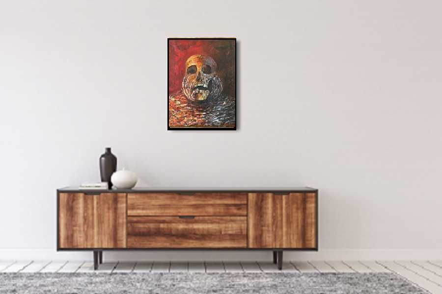 Czaszka "ZMARTWIONY" akryl na płótnie 33X41 cm autorski obraz - WozArt