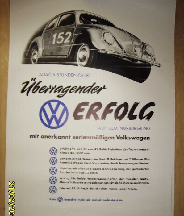 Plakat reklamowy VW-ADAC 6 Stunden Fahrt/oryginał